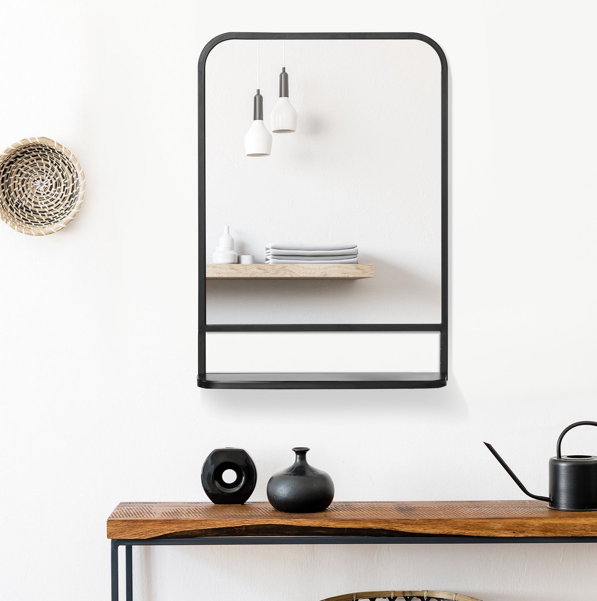 MODFU - Wandspiegel Met Plank - Afgeronde Hoeken - Modern - Zwart - 50 x 70 cm