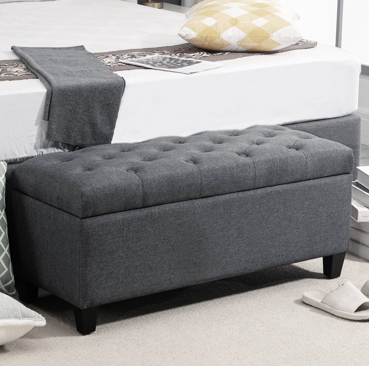 MODFU - Opbergbank Met Opklapbare Zitting - Klassiek - Polyester - Donkergrijs - 100 X 40 X 44