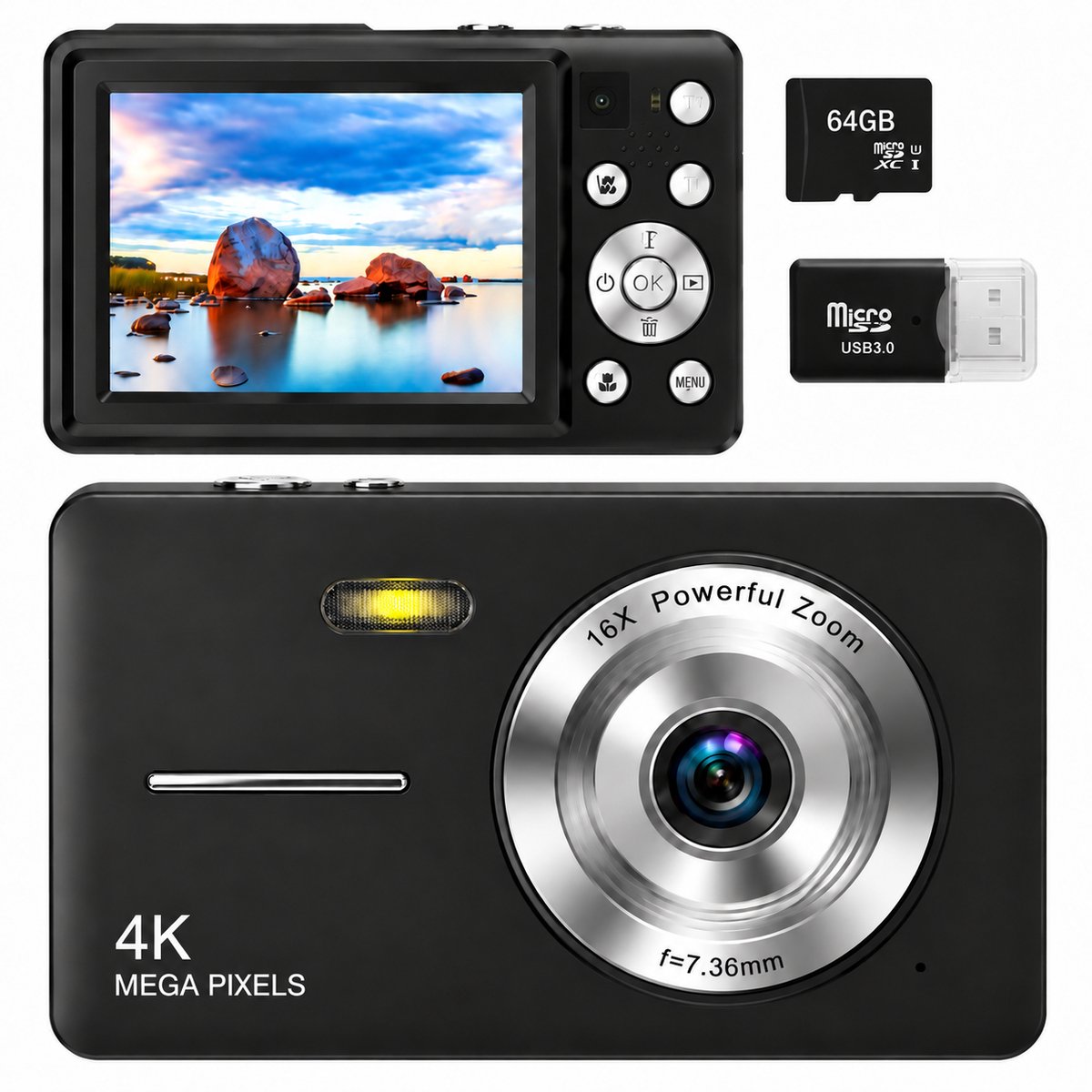 Digitale Camera - Full HD - 48MP Autofocus - 4K Opname - Fotocamera - Mini Camera - Fototoestel - Vlog Camera voor Kinderen - Compact Camera - Foto & Video - 16x Zoom - Incl. 64GB SD