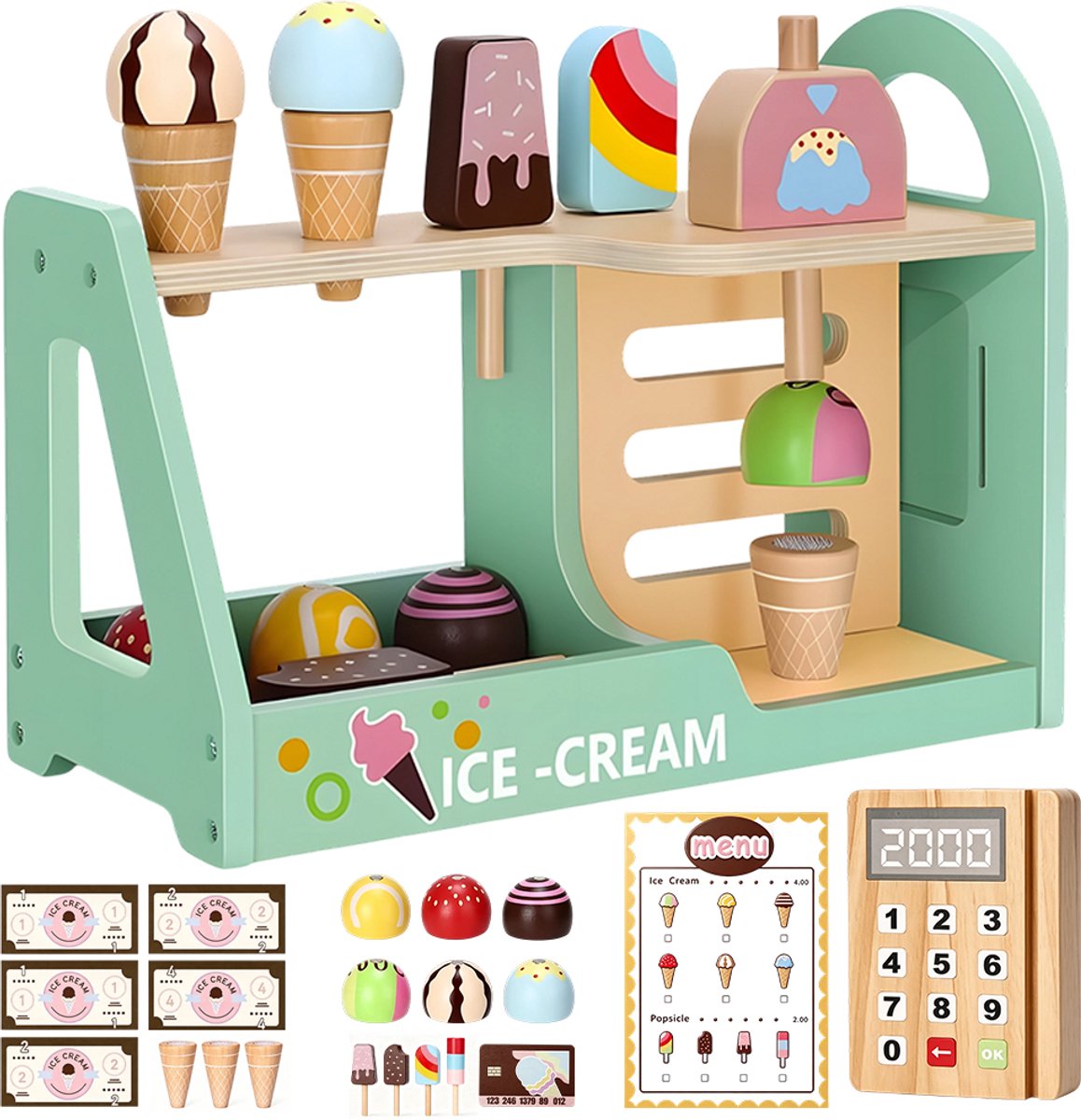 IJssalon Speelgoed Kinderen - Houten IJsjes Speelset - Winkeltje met IJsbolletjes, Hoorntjes & Speelgeld - Rollenspel Speelgoed - Pastel Houten Speelgoed - Voor 2-5 Jaar