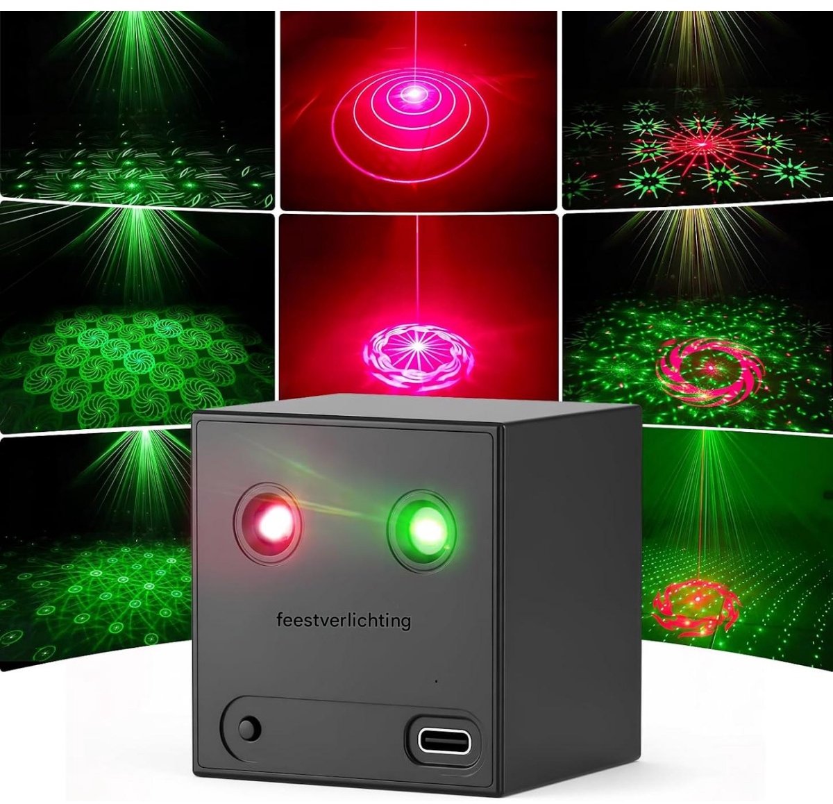 SSTRWGOOD Mini discofeestverlichting - Werkt op batterijen - Rood/groen 600mAh oplaadbare DJ-projector - Muziekgestuurd - 64 dynamische podiumlichteffecten - USB-feestverlichting - Perfect g eschikt voor verjaardagen, feesten en andere gelegenheden