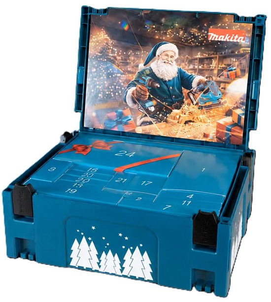 Open blauwe Makita adventskalender in opbergkoffer, met afbeelding van de Kerstman en genummerde vakjes.