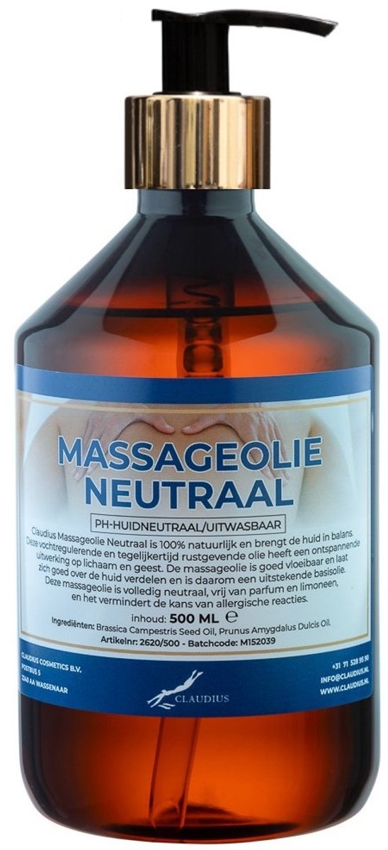 Massageolie Neutraal 500 ml met gouden pomp - 100% natuurlijk - biologisch en koud geperst