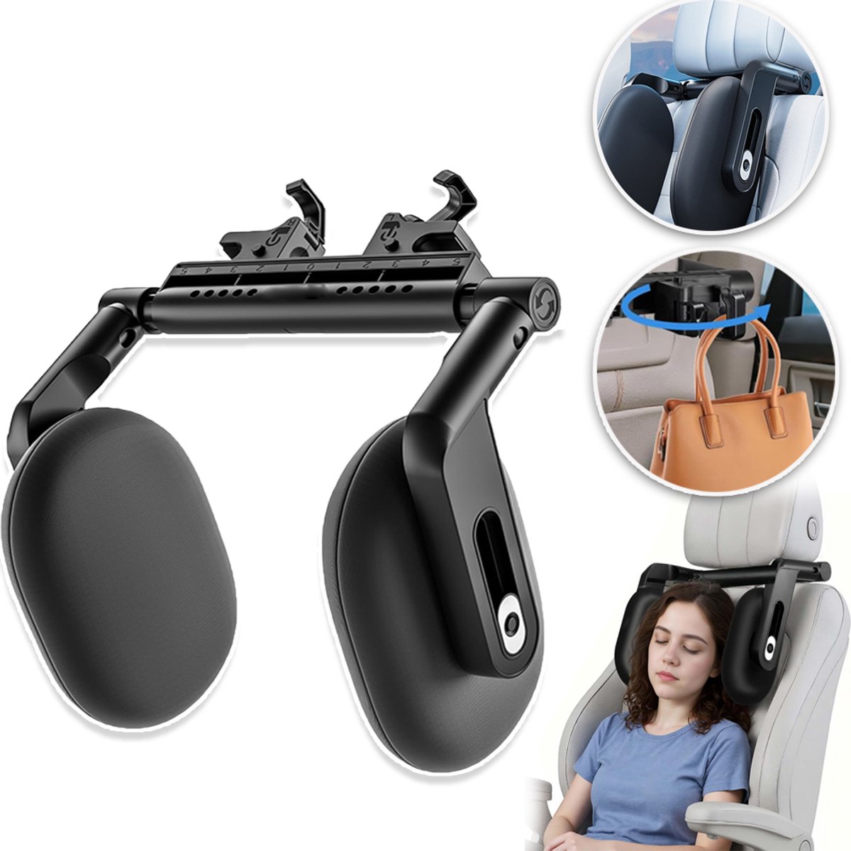 Autohoofdsteunkussen Met Traagschuim En Verstelbare Breedte - 3-Assige Koppeling, Ergonomische Curve, Verlicht Nekspanning, Past In De Meeste Auto's - Zwart