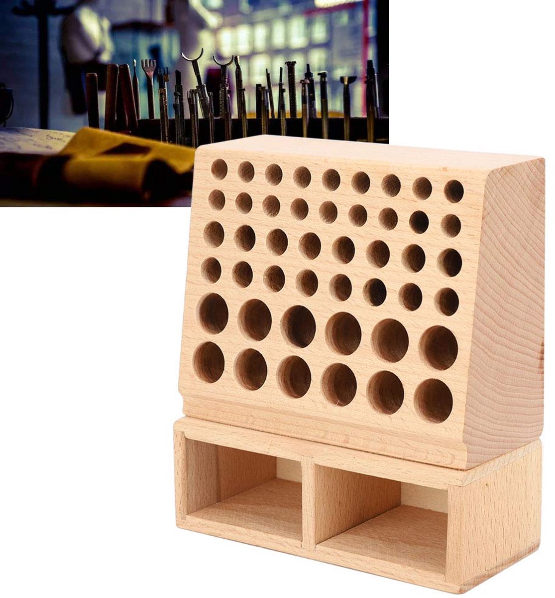 Houten Gereedschapshouder - Georganiseerd Opbergrek met 48 Gaten - Ruimtebesparend - Voor Lederhandwerk en Doe-het-zelf Gereedschap en Stanzen