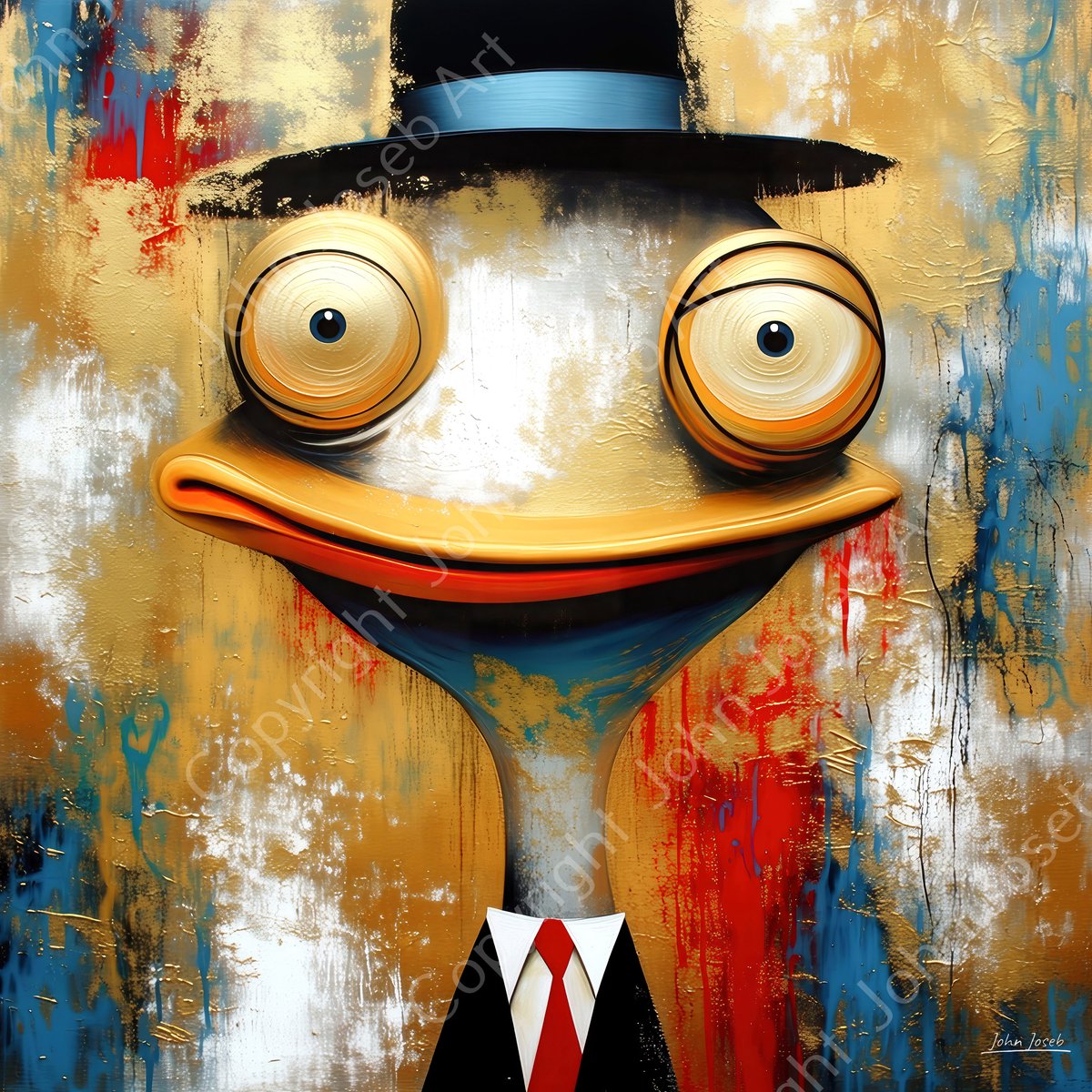 John Joseb Art (Glas) 100x100 | Kikker met hoed en stropdas, abstract, humor, grappig, bolle ogen, vierkant, kunst, dier, goud, brons, bruin, rood, blauw, modern | Foto-schilderij-glasschilderij-acrylglas-acrylaat-wanddecoratie