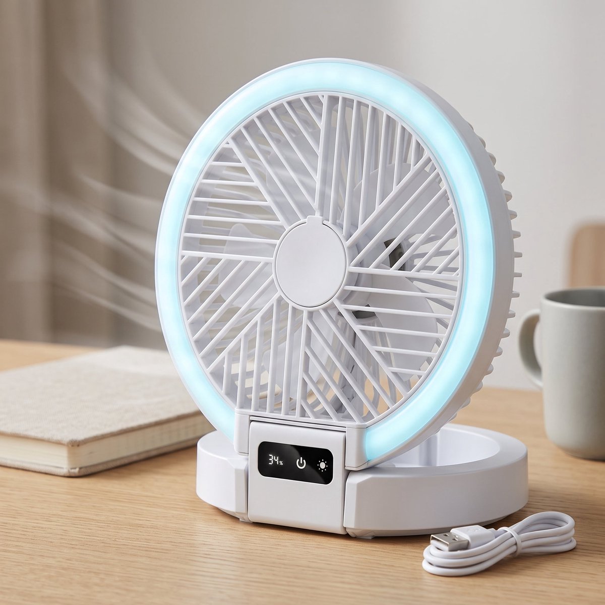 Cheqo® Tafelventilator Oplaadbaar - Draadloze Ventilator met LED Display - Opvouwbare Bureauventilator - Mini Ventilator met Verlichting - Stille Tafelventilator met 5 Standen - Inklapbaar - Draagbaar - USB - voor Kantoor en Slaapkamer - Fan