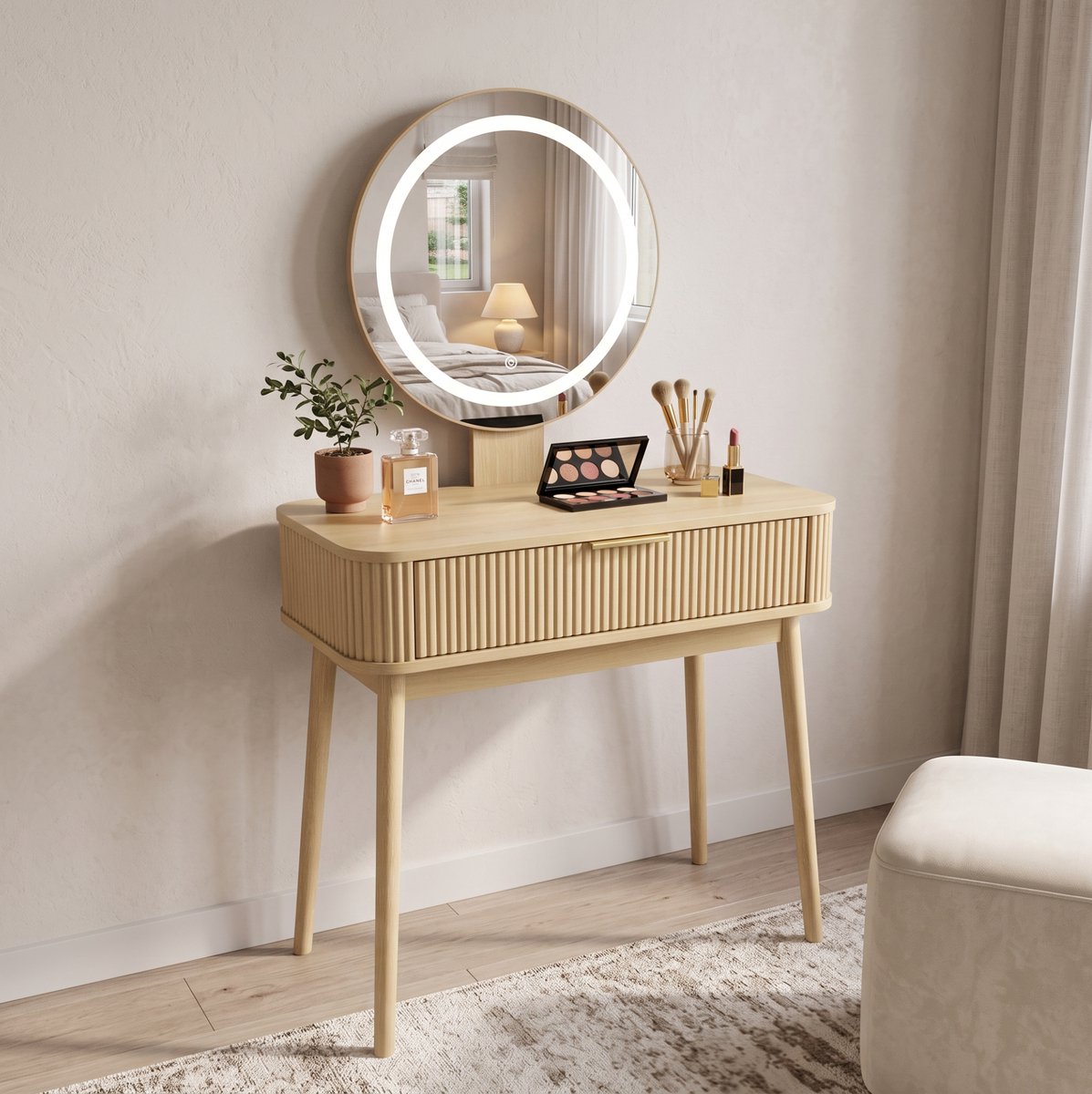 REDOM - Kaptafel met LED verlichting en ronde spiegel - Drie lichtmodi - Lades - MDF en spaanplaat - Eik - 80 x 40 x 133 cm