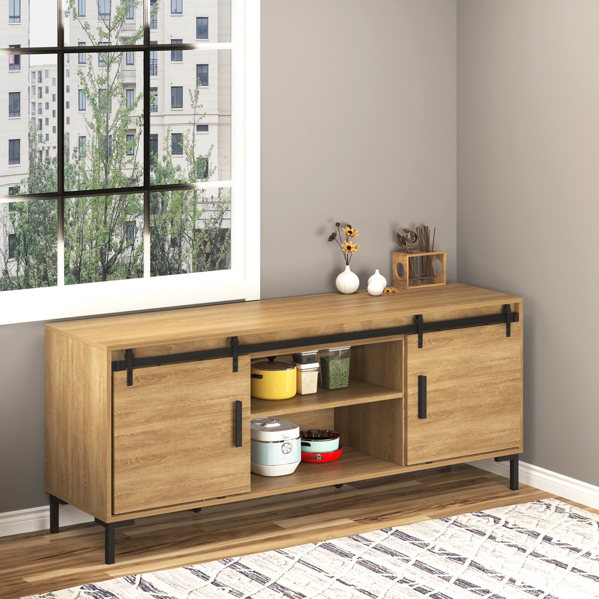 MODFU - Schuifdeursysteem - Dubbele Houten Deuren - Looprail 183 Cm - Zwart Staal
