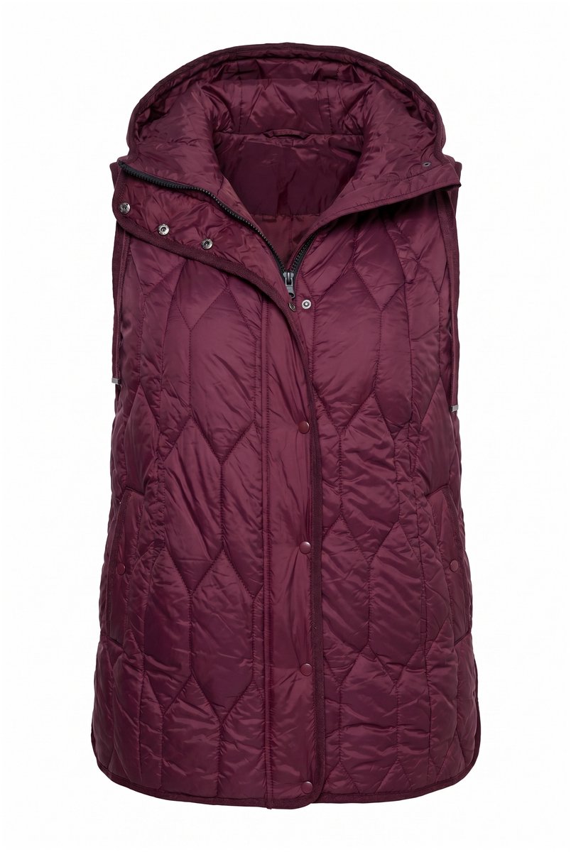 Ulla Popken - Dames - HYPRAR doorgestikte bodywarmer waterafstotend capuchon - Aubergine - Maat 46+