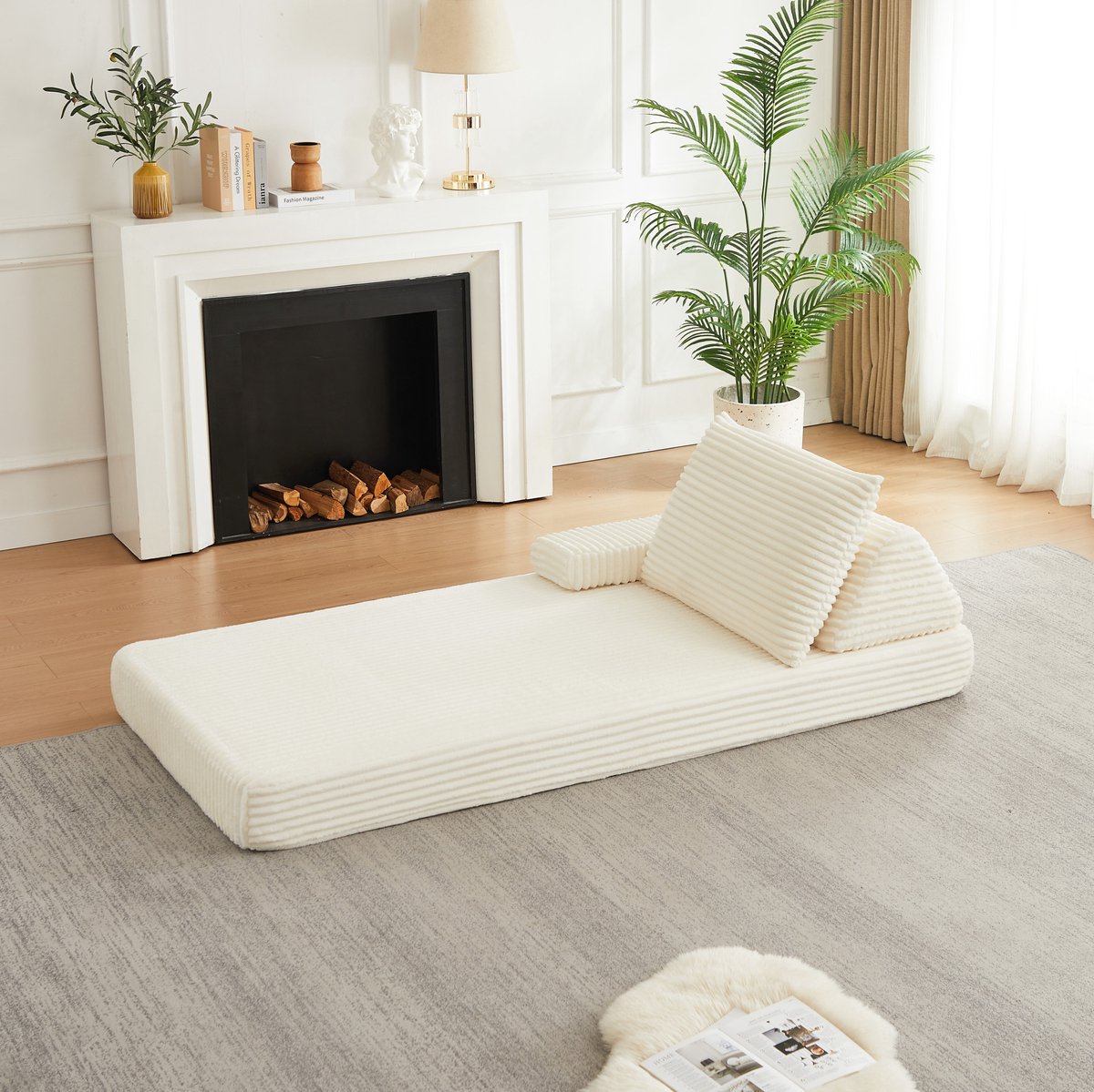 REDOM - Slaapbank - Modulaire opstelling - Verstelbare armleuningen - Driehoekige rugleuning - Verlengd zitkussen - Corduroy - Beige - 211,5 x 106,5 x 48 cm