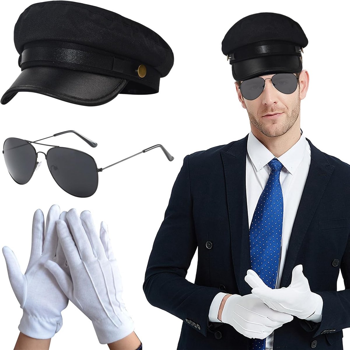 Accessoires voor een Chauffeur Kostuum met Zwarte Hoed en Witte Handschoenen voor Themafeesten, Halloween en Carnaval