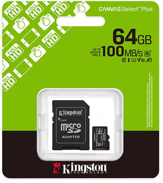 Kingston Technology 64GB microSDXC Canvas Select Plus Gen3 100MB/s A1 kaart + adapter van Kingston — afbeelding 3