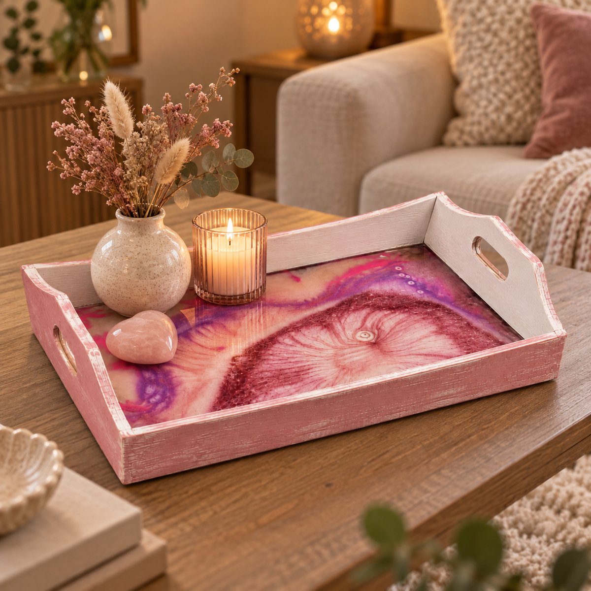 ZoeZo Design - dienblad - decoratie dienblad - hout - epoxy - 44 x 29 x 4 cm - vintage - roze - wit