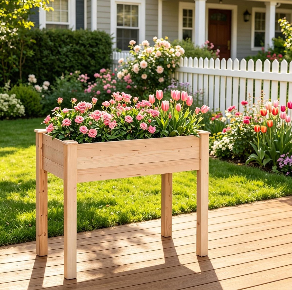Plantenbak – Verhoogd – 86 x 46 x 76 cm – Hout En Vilt – Naturelhouteffect – Buiten Met Afwatering