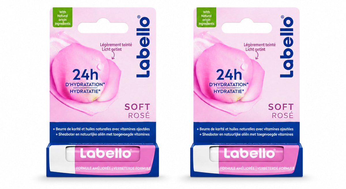 2 x Labello – Lippenbalsem – Soft Rosé – Lippenbalsem – 24H Hydratatie - Voordeelverpakking - 2 stuks