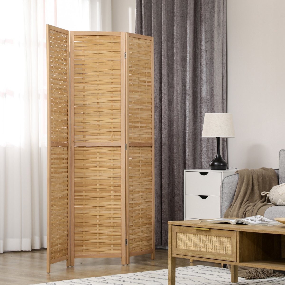 MODFU - Paravent - 3-Delig - Vouwbaar - Bamboe - Natuurlijk Hout - Voor Binnen - 120 X 170 Cm