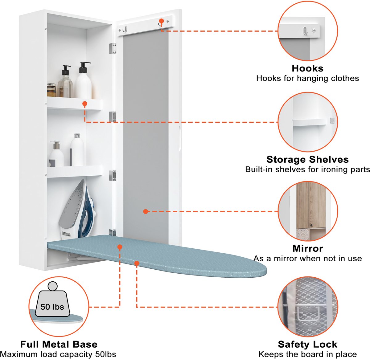 Wandkast – Opvouwbare Strijkplank – 103 x 44,5 x 24,5 cm – MDF – Wit – Spiegeldeur – Opbergvakken