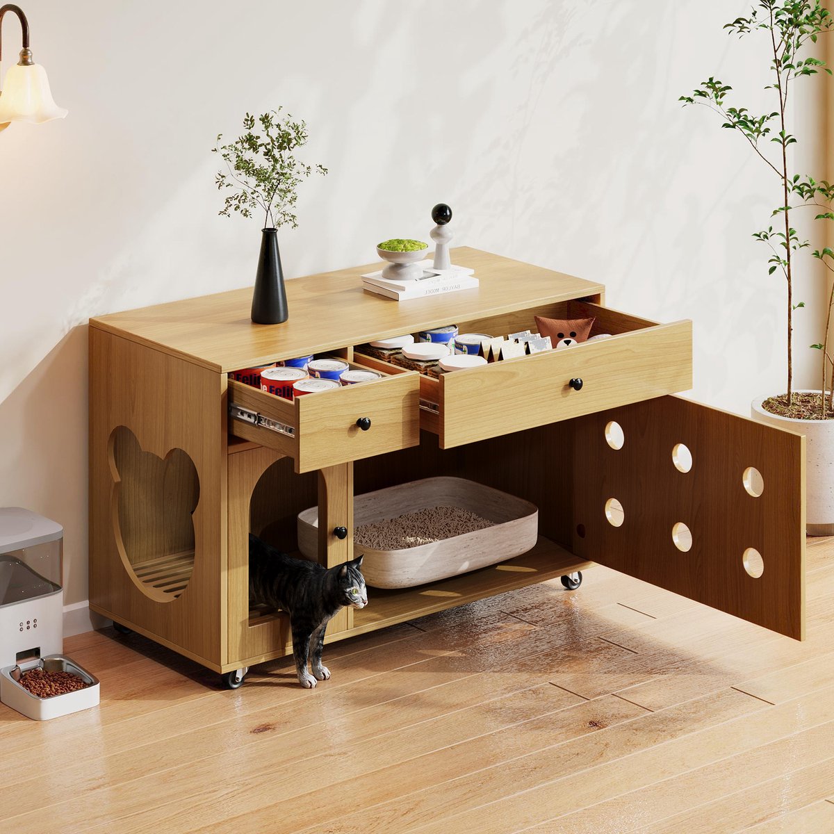 MODFU - Kattenbakmeubel - Verborgen Kattenbak - Lades - Natuurlijke Houtkleur - 100 X 45 X 66 Cm