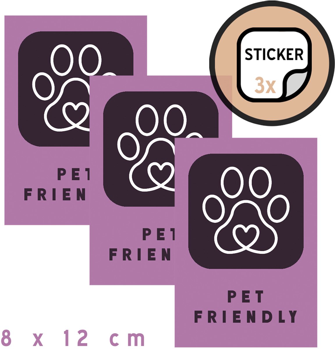 Deurstickers (3x) | "Pet friendly" | 8 x 12 cm | Engelstalig | Paars | Huisdieren | Dieren | Honden welkom | Sticker | Zelfklevers | Diervriendelijk | Ingang | 3 stuks