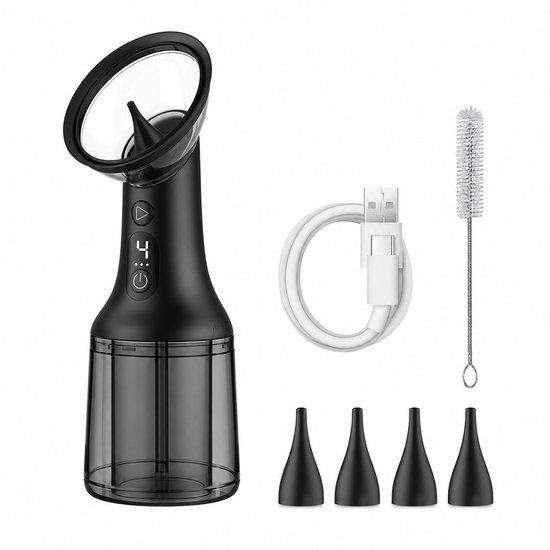Nettoyeur d'oreilles noir avec câble USB, 4 embouts et brosse de nettoyage.