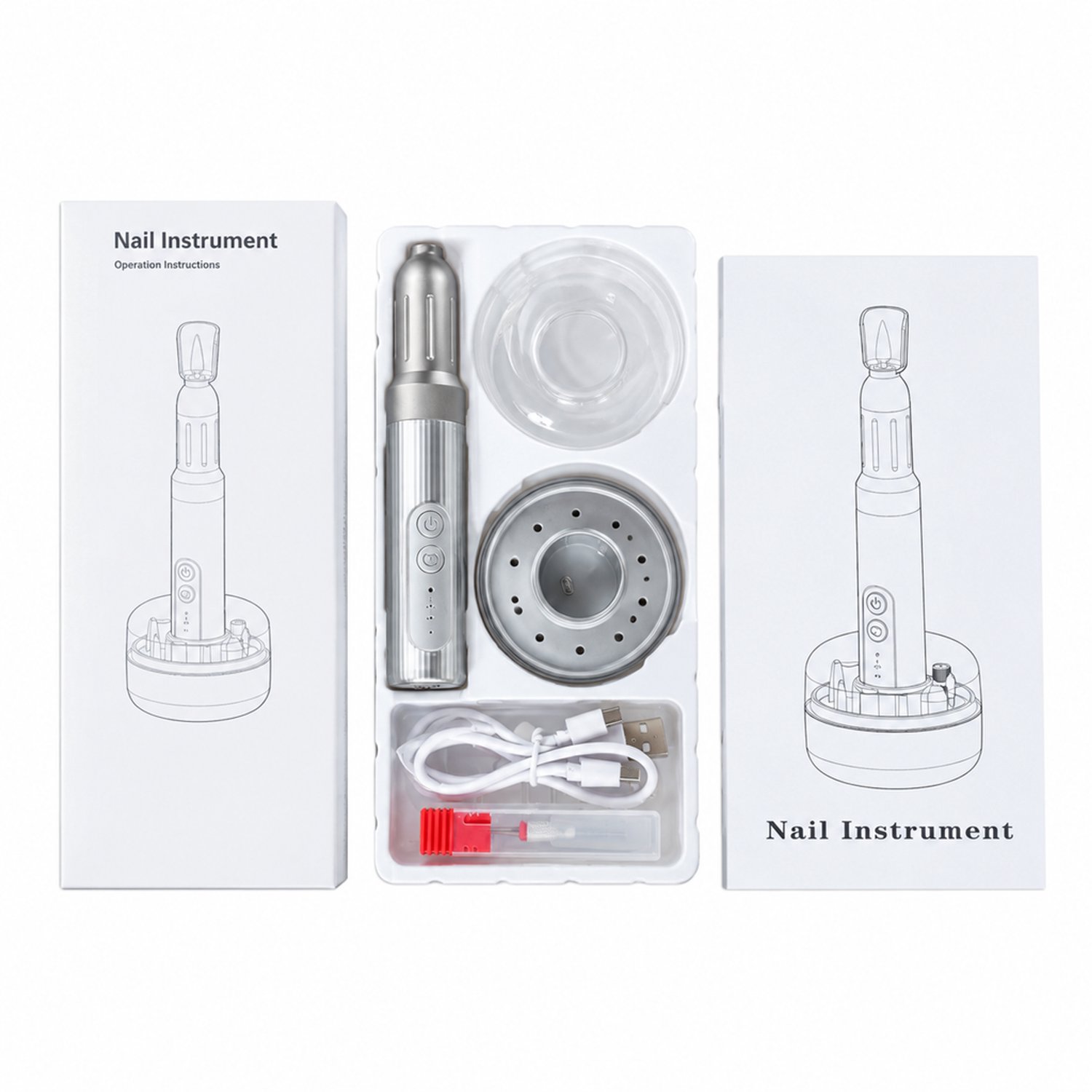 Elektrische nageltrimmer - M8 zilverkleurig - met 6 slijpkoppen - USB Type-C opladen - complete set