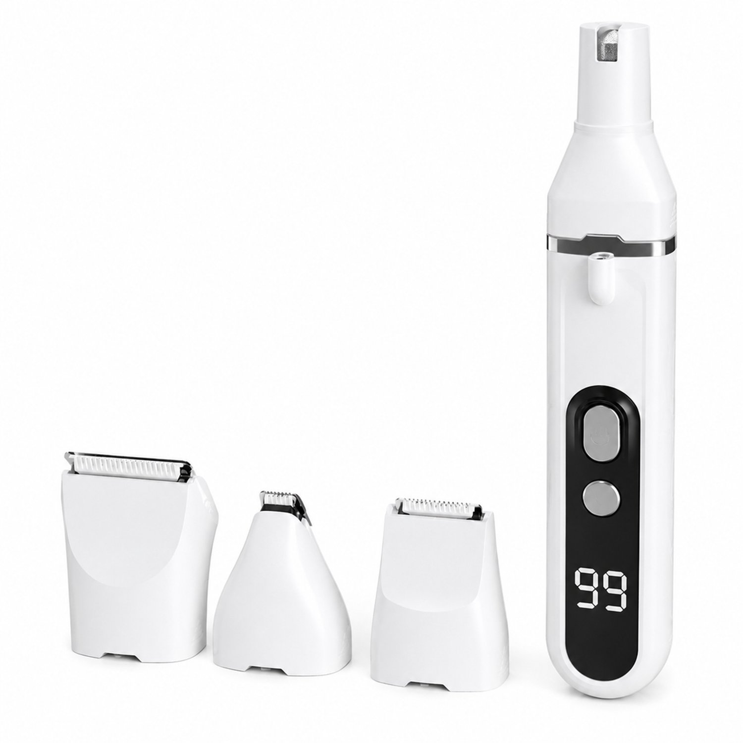 Elektrische nagelknipper voor huisdieren - 4-in-1 tondeuse en nagelverzorging - 4 snijkoppen - oplaadbaar - wit - Engelstalige kleurendoos