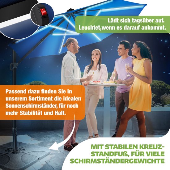 Donkerblauwe zweefparasol met LED-verlichting en stabiele kruisvoet, tijdens een avondfeest.