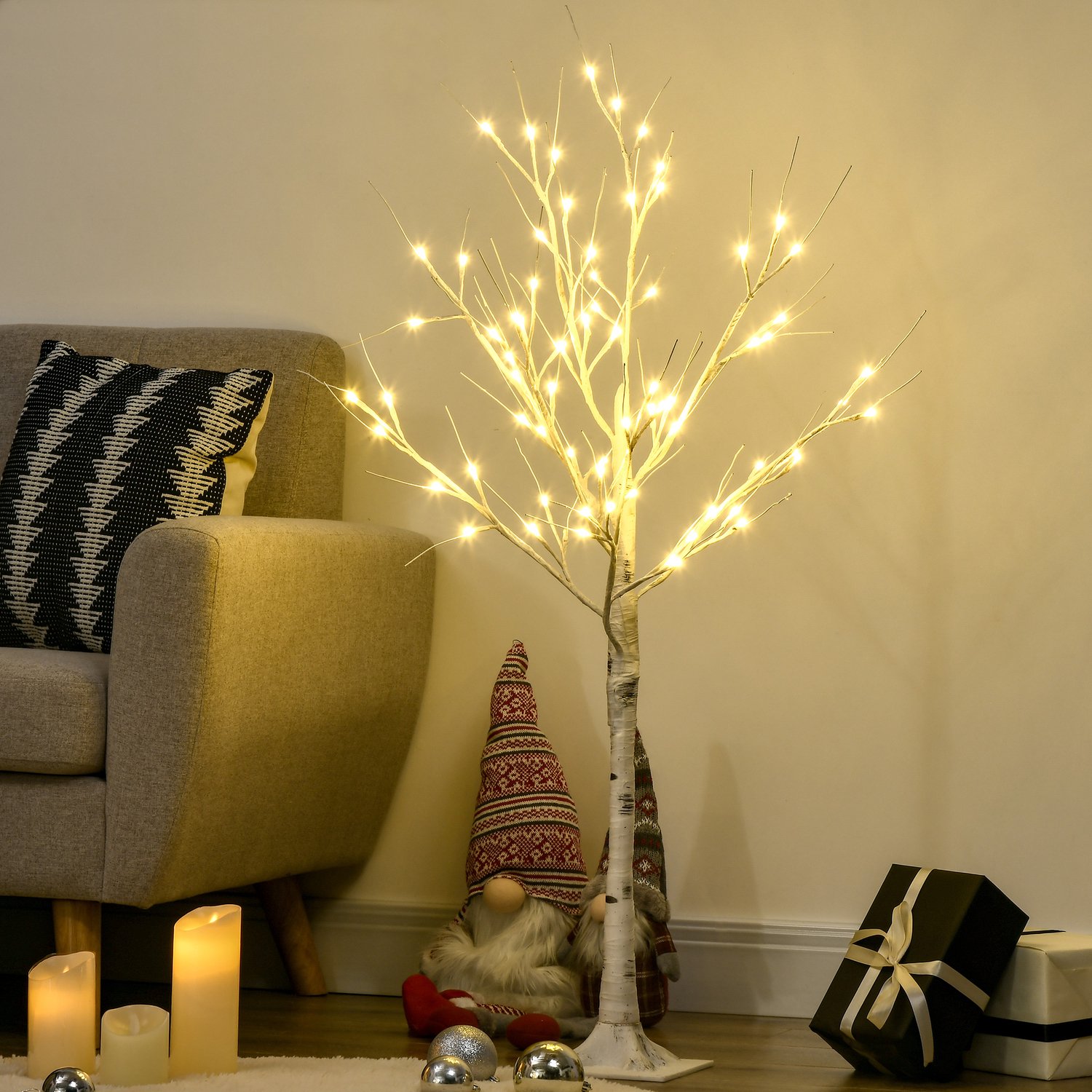 TEKROA® Kunstboom - kunstberk - met ledverlichting - warmwit - realistische witte bast - 17 L x 17 B x 120 H cm