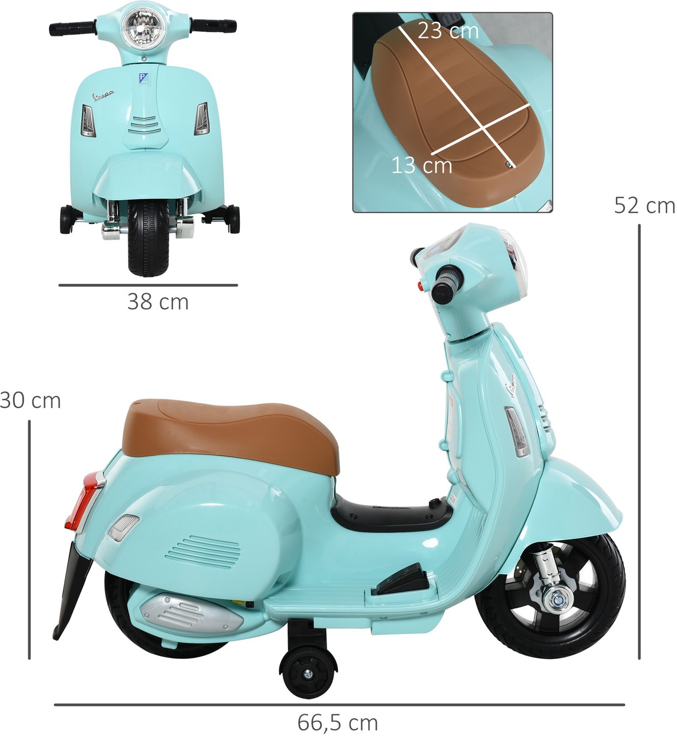 Homona Elektrische kindermotorfiets met Vespa-design - Met stützrädern, koplamp en claxon - 66,5 x 38 x 52 cm - Groen