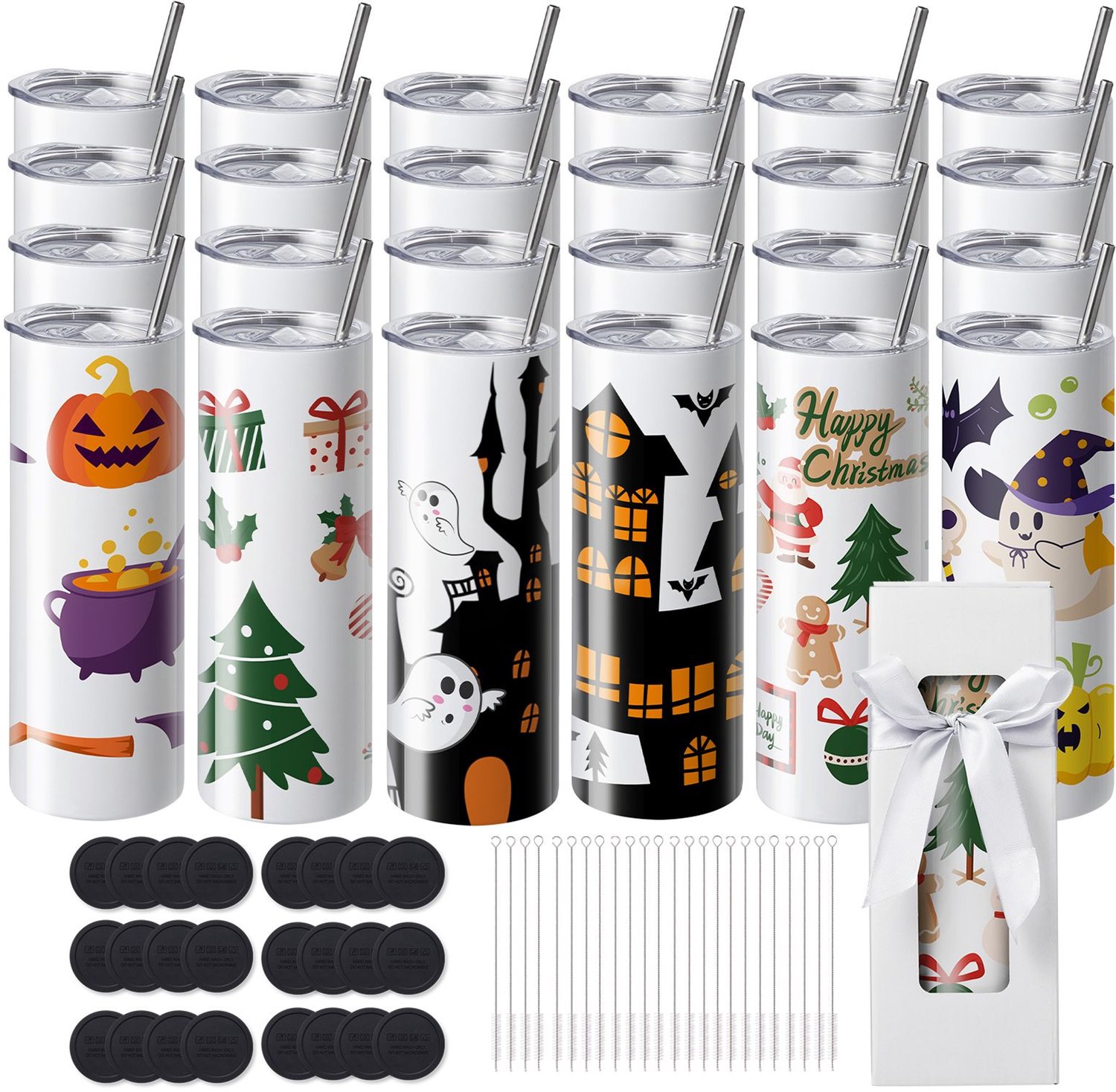Set van 24 rechte sublimatiebekers- 591-5 ml blanco bekers- dubbelwandige roestvrijstalen bekers met rietje- deksel- borstel- voet- krimpfolie en geschenkdoos- geschikt voor hittepers en warmteoverdracht.