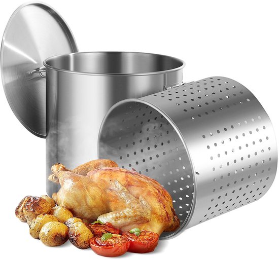 Roestvrijstalen soeppan- grote kookpan van 100 liter- sauspan met mandje- deksel en handvat- zware soeppan van commerciële kwaliteit- gezandstraald- voor grote groepen en evenementen- zilverkleurig