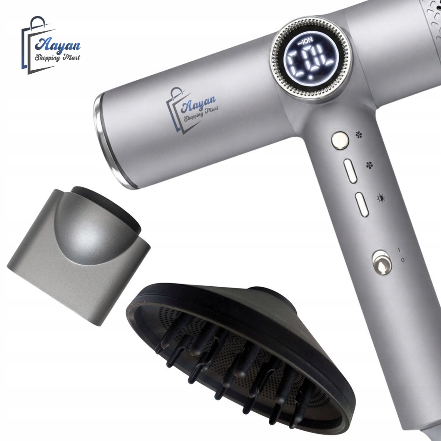 Haardroger 2000W Professioneel – Föhn met Diffuser en Blaasmond – 4 Temperatuurstanden – Digitale Display – Cool Shot – Magnetische Opzetstukken – Zilver – 90191