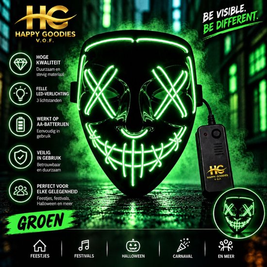 Groen LED-masker met 3 lichtstanden, inclusief batterijhouder en verstelbare band.
