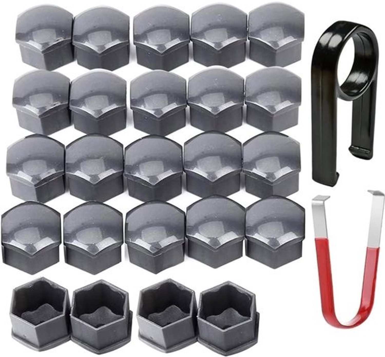 Dailygoody - 24-delige wielmoerdop - 17 mm - Zeshoekige bandmoerdoppen - Inclusief verwijderingsgereedschap - Grijs - Wielboutmoerdoppen - Geschikt voor