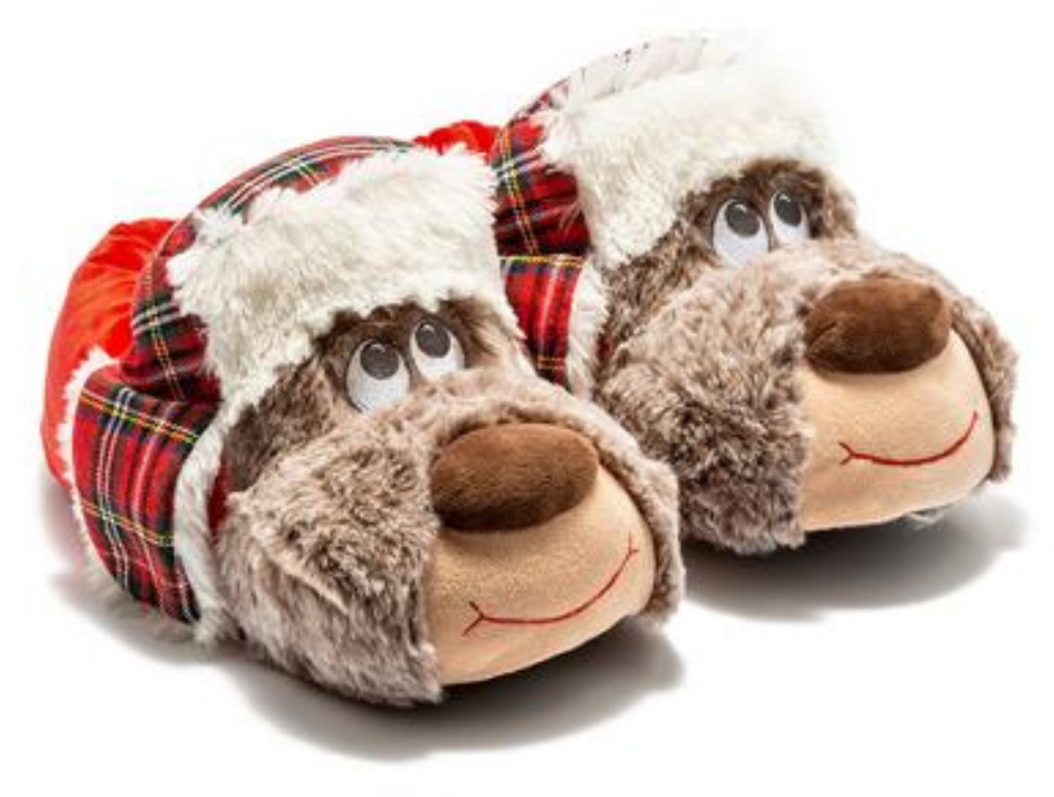 Berussa - Twigy Goldi Heren Pluche Hond Sloffen - Warme Dieren Pantoffels Maten 41-46 - Bruin & Rood Geruit - Origineel Cadeau