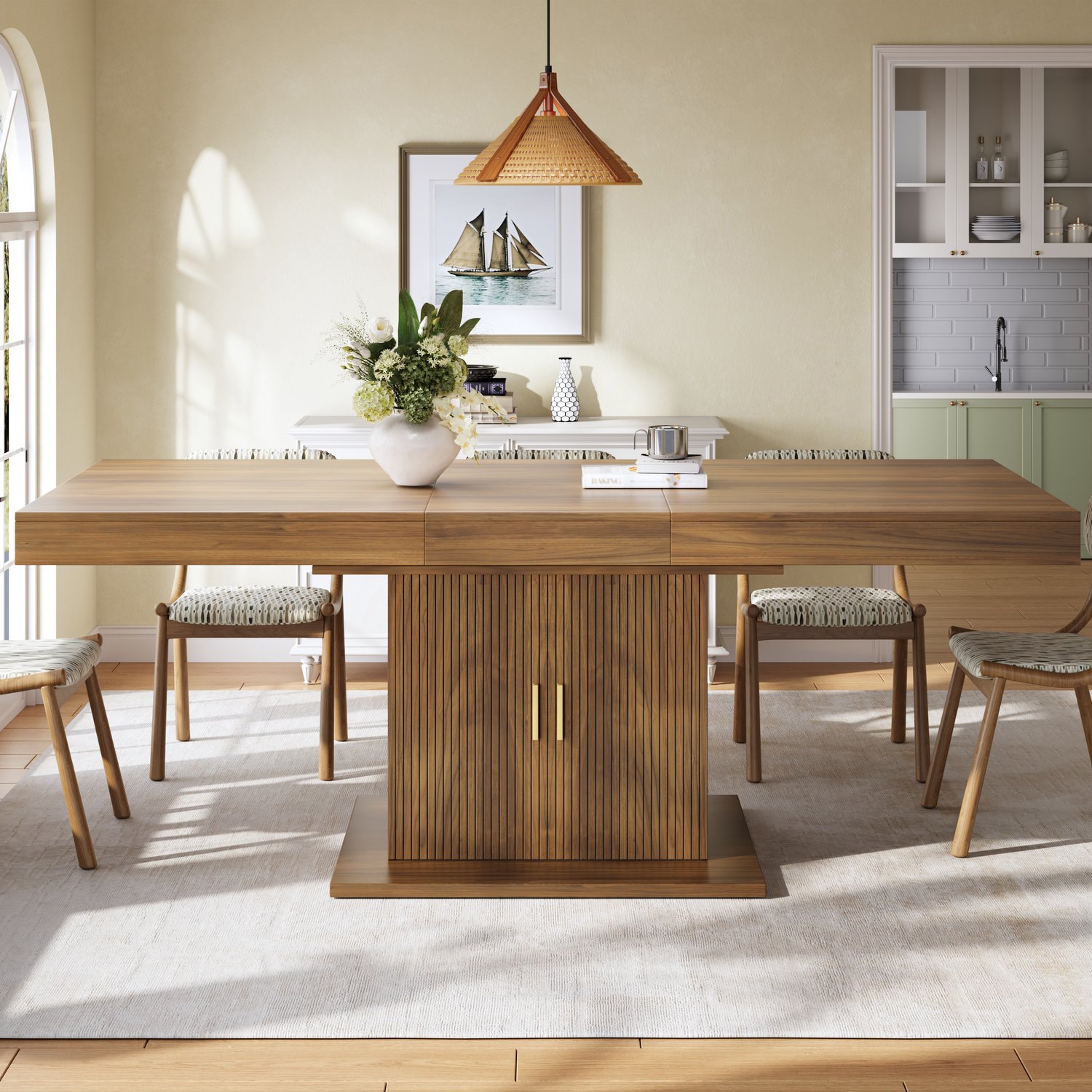Clruro Eettafel - 140–180×90×75,2 cm - Uitschuifbaar - Opbergkast met Ribbeldeuren - MDF Bruin