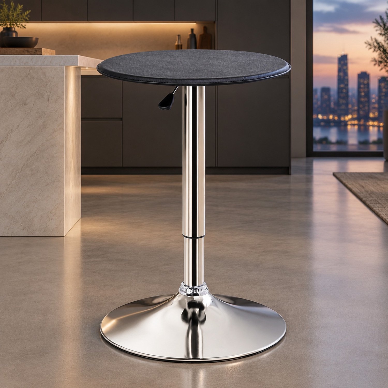 HAUSS SPOLE Statafel - Ronde Hoogteverstelbare Tafel Met Draaibaar Kunstleren Tafelblad - Voor Keuken En Bar - Hout Zwart - 63 x 67 tot 93 cm