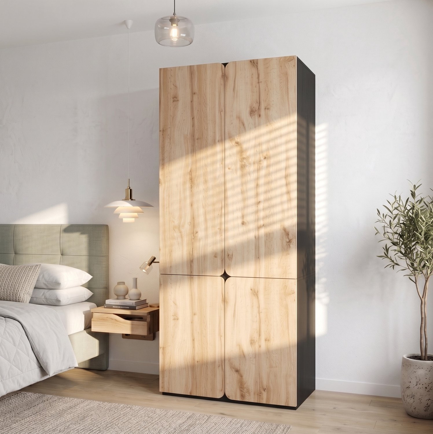 MODENUIT Kledingkast - 4 Deuren, 3 Lades - Voor Slaapkamer - Spaanplaat - Eikenkleur - 90x50x200 Cm Houtkleur