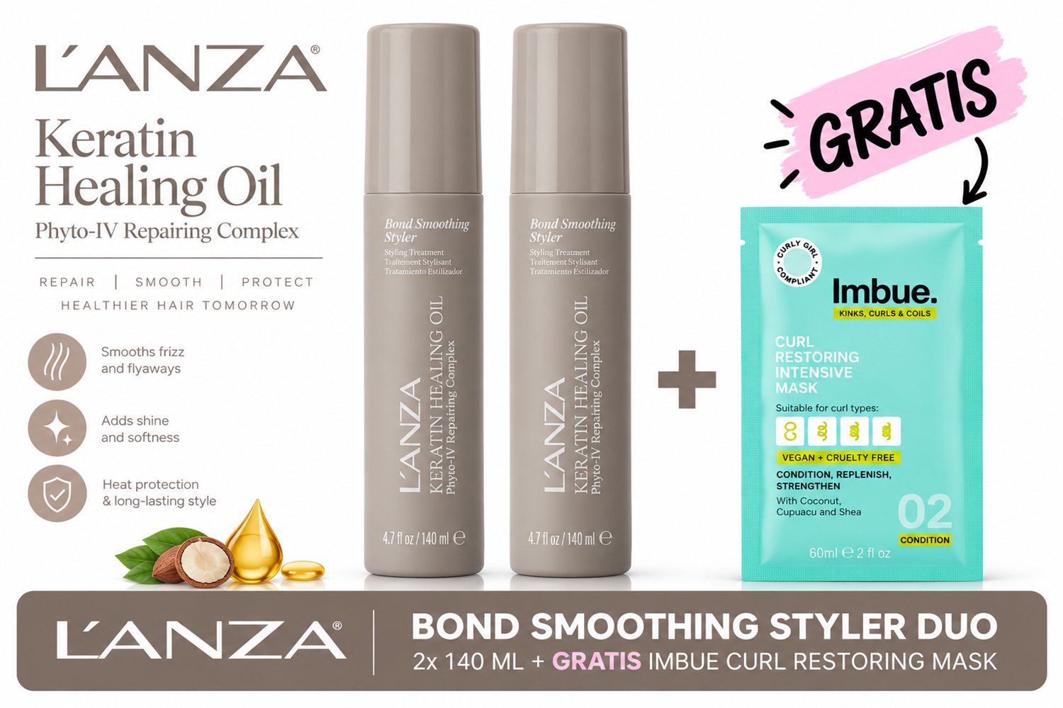 L’ANZA Keratin Healing Oil Bond Smoothing Styler Duo + Gratis Imbue Masker