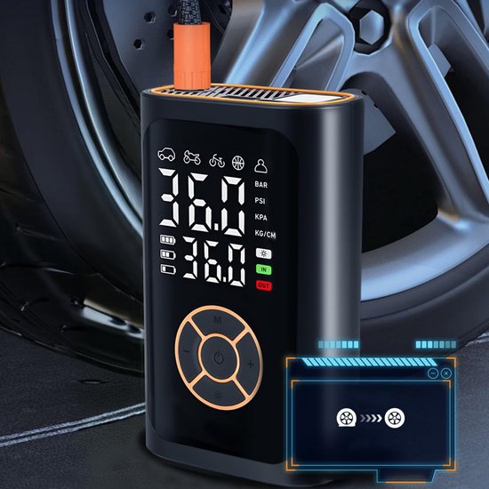 Elektrische Bandenpomp - Draadloze Compressor - Autobanden Pomp - Digitale Luchtpomp met Dubbel LCD Scherm - 2x2000mAh Accu - 4 Drukeenheden - Met Zaklamp en Opbergtas — afbeelding 5