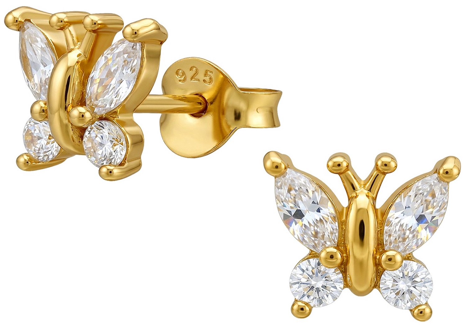 Joy|S - Zilveren vlinder oorbellen - vlinders met marquise zirkonia - 8 x 7 mm - gold plated - sterling zilver 925 - dames oorknopjes