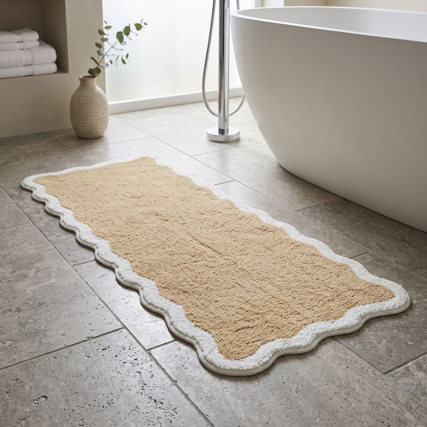 Homescapes Badläufer mit Wellenrand 40x100 cm – Langer Badteppich beige, 100 % Baumwolle