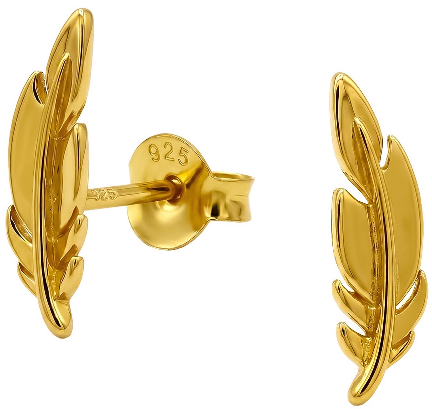Joy|S - Zilveren veer oorbellen - 12 x 3.7 mm - gold plated - massief - sterling zilver 925 - dames veer oorknopjes
