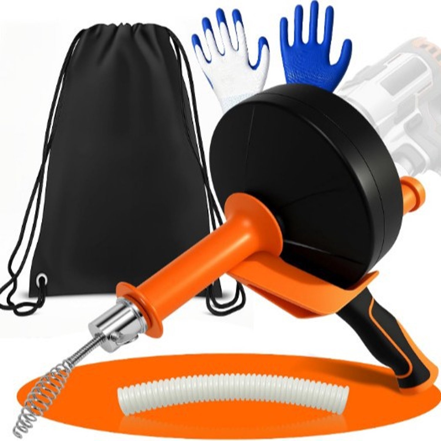 WC Ontstopper met Veer 10 Meter - Afvoer Ontstopper voor Toilet, Wastafel, Douche en Keuken - Handmatig en met Boormachine - Inclusief Opbergtas en Handschoenen - Zwart