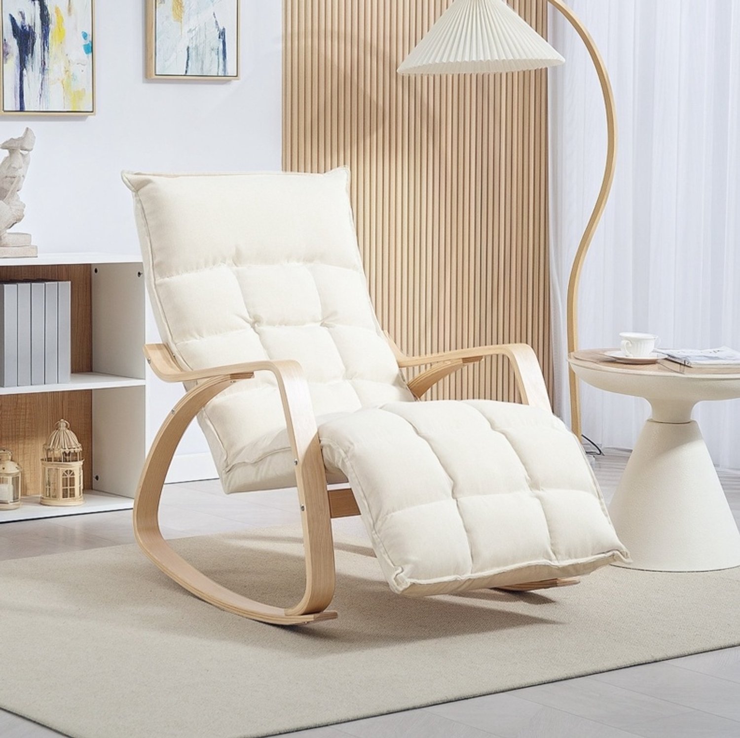 DESMIU Schommelstoel 67 x 106-123 x 92 cm - Verstelbare Voetsteun en Rugleuning - Voor Woonkamer, Slaapkamer en Balkon - Polyester Crèmewit