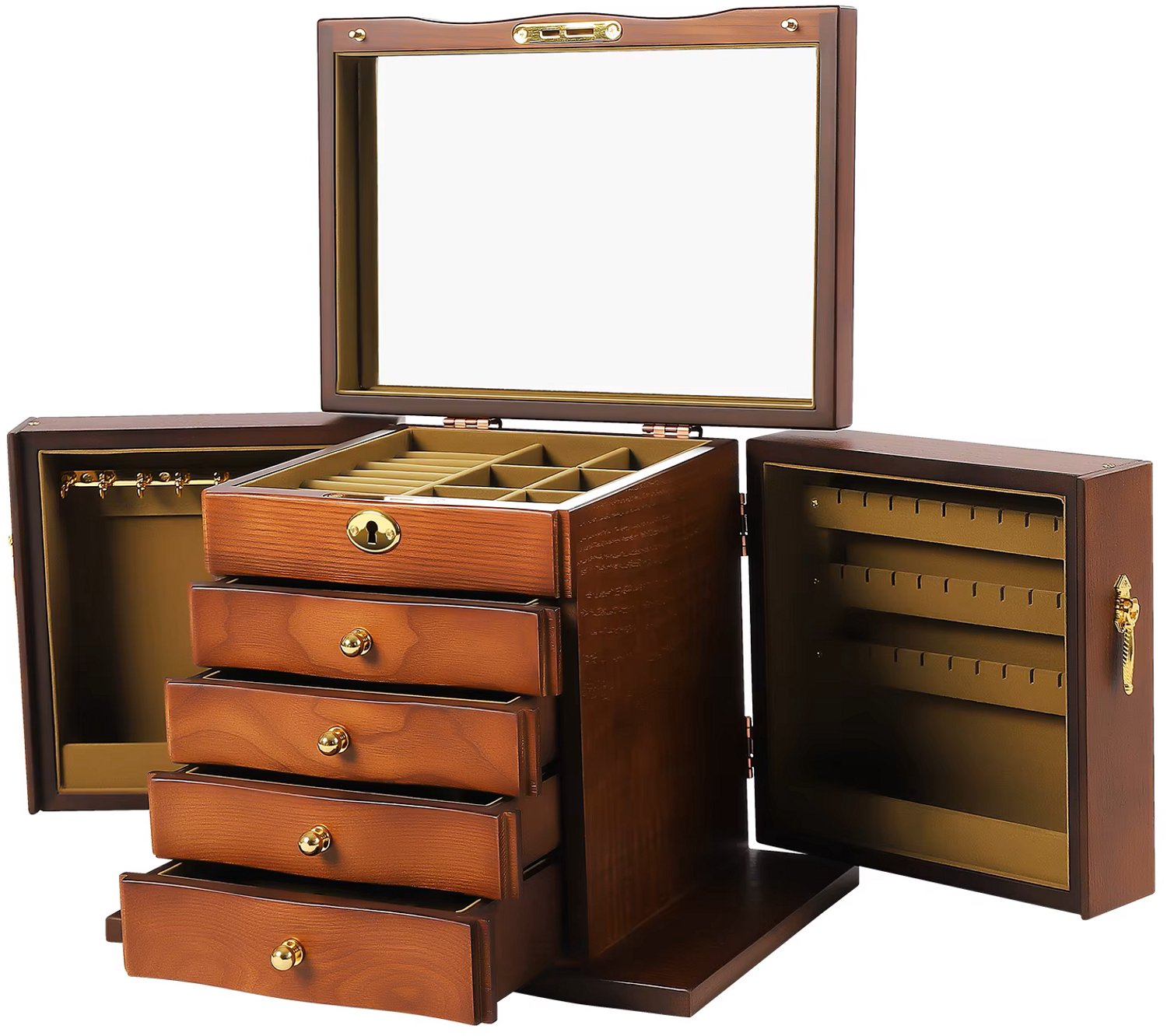 Homezo sieradendoos - Juwelendoos - Klassieke retro uitstraling - Hout - Spiegel - 4 lades - 2 Uitklapbare zijvakken - 5 Lagen