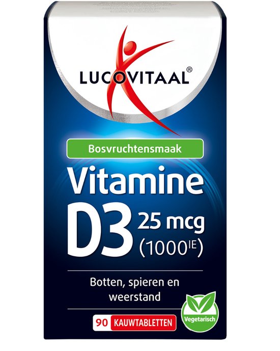 Lucovitaal Vitamine D3, 25 mcg (1000IE), bosvruchtensmaak, 90 kauwtabletten voor botten, spieren en weerstand. Vegetarisch.