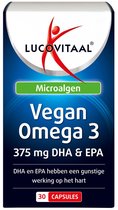 Verpakking met Lucovitaal Vegan Omega 3, 30 capsules, 375 mg DHA & EPA, Microalgen.