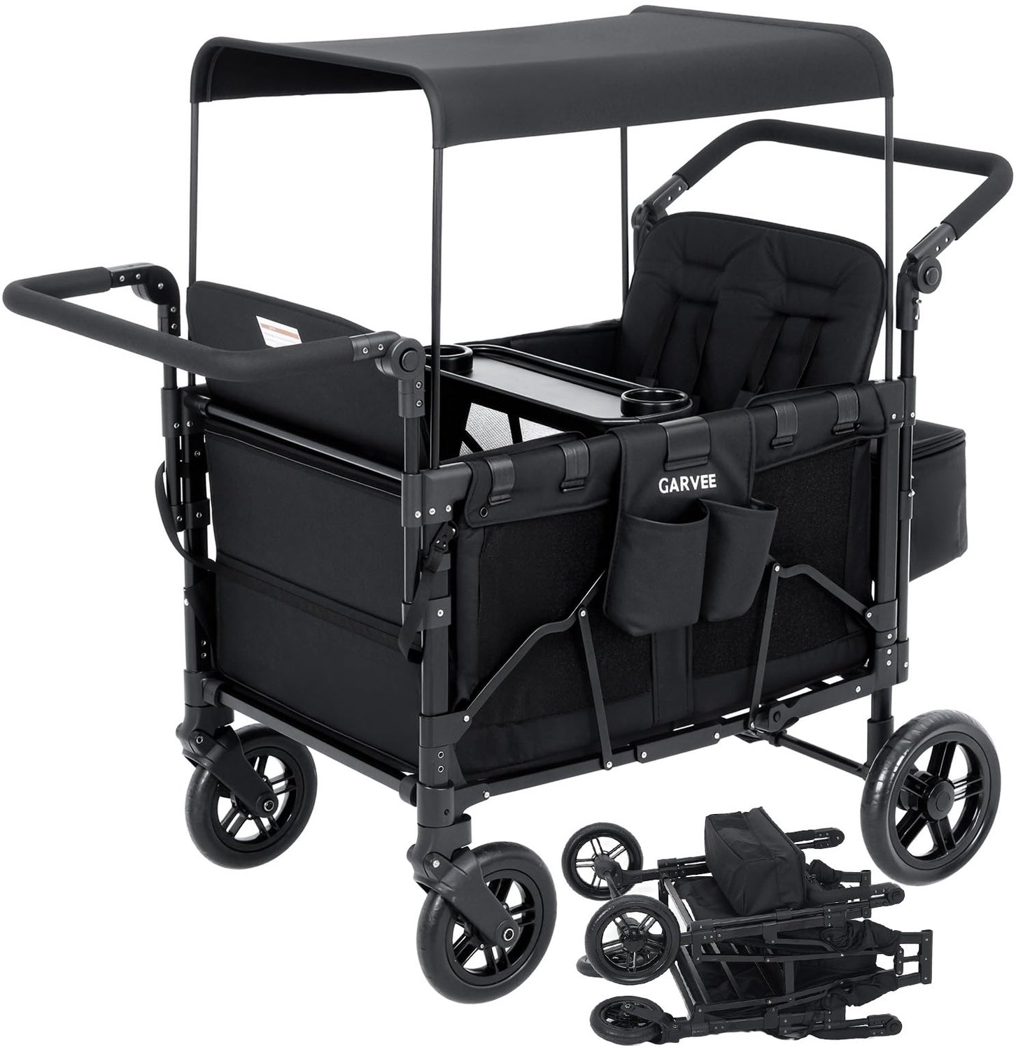 Kinderwagen 4‑zits All‑Terrain - Opvouwbaar - 360° wielen - Vijfpuntsgordel - Verstelbare duw‑ en trekhendel - Verwijderbare kap - Snackblad - XXL opbergruimte